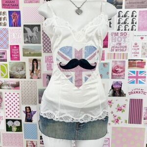 cream mustache‎ heart lace cami